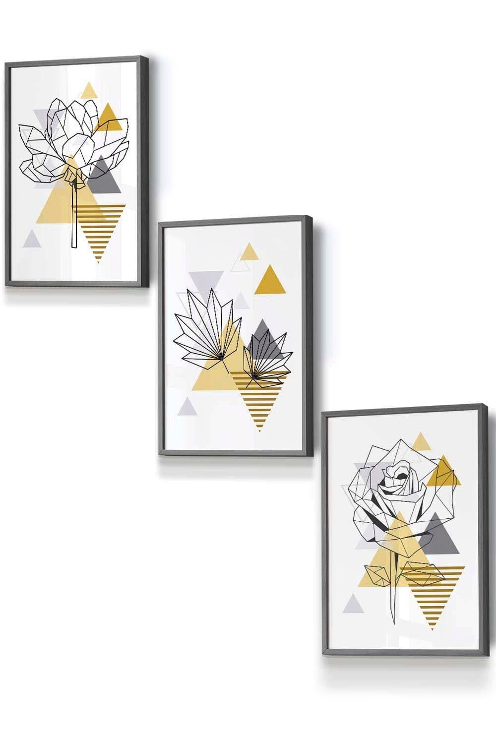 Framed Yellow and Grey Geometric Flowers Framed Wall Art - Small